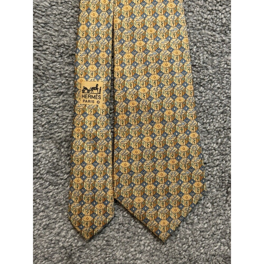 Hermes 7768 FA Yellow Geometric Forest Cube Silk Tie